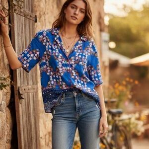 Floral Blue Short Sleeve Blouse Sandro